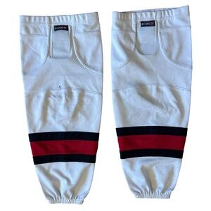 White Hockey Socks with Red and Black Stripes